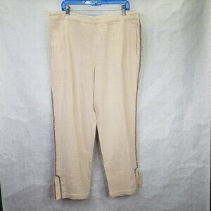Soft Surroundings Gauze Pants Women XL Beige Wide Straight Leg Ankle Embroidery